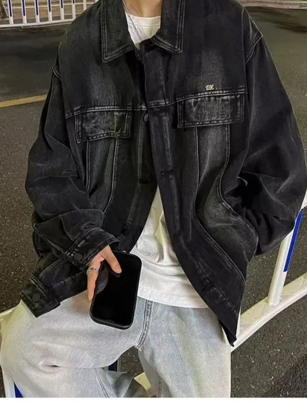 

Retro American Casual Waed Loose Large Size Men's Denim Jaet Spring Autumn Versatile Oversize Jaet Trendy Cotton Wear