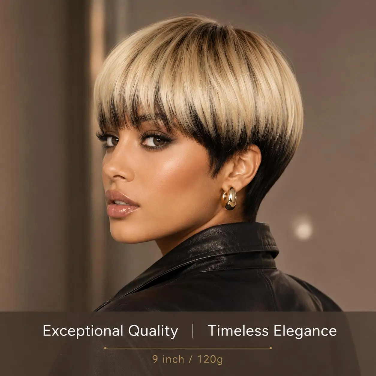 10-inch gradient gold black short wavy wig, gradient platinum silver synthetic hair strands, fashionable no-lace no-glue wig