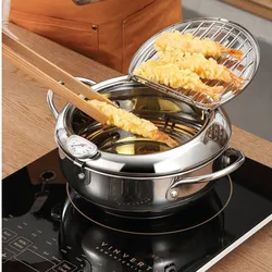 304 Stainless Steel Oil Pan Japanese Deep Frying Pot with a Thermometer and a Lid Kitchen Tempura French Fries Oil Fried Pan