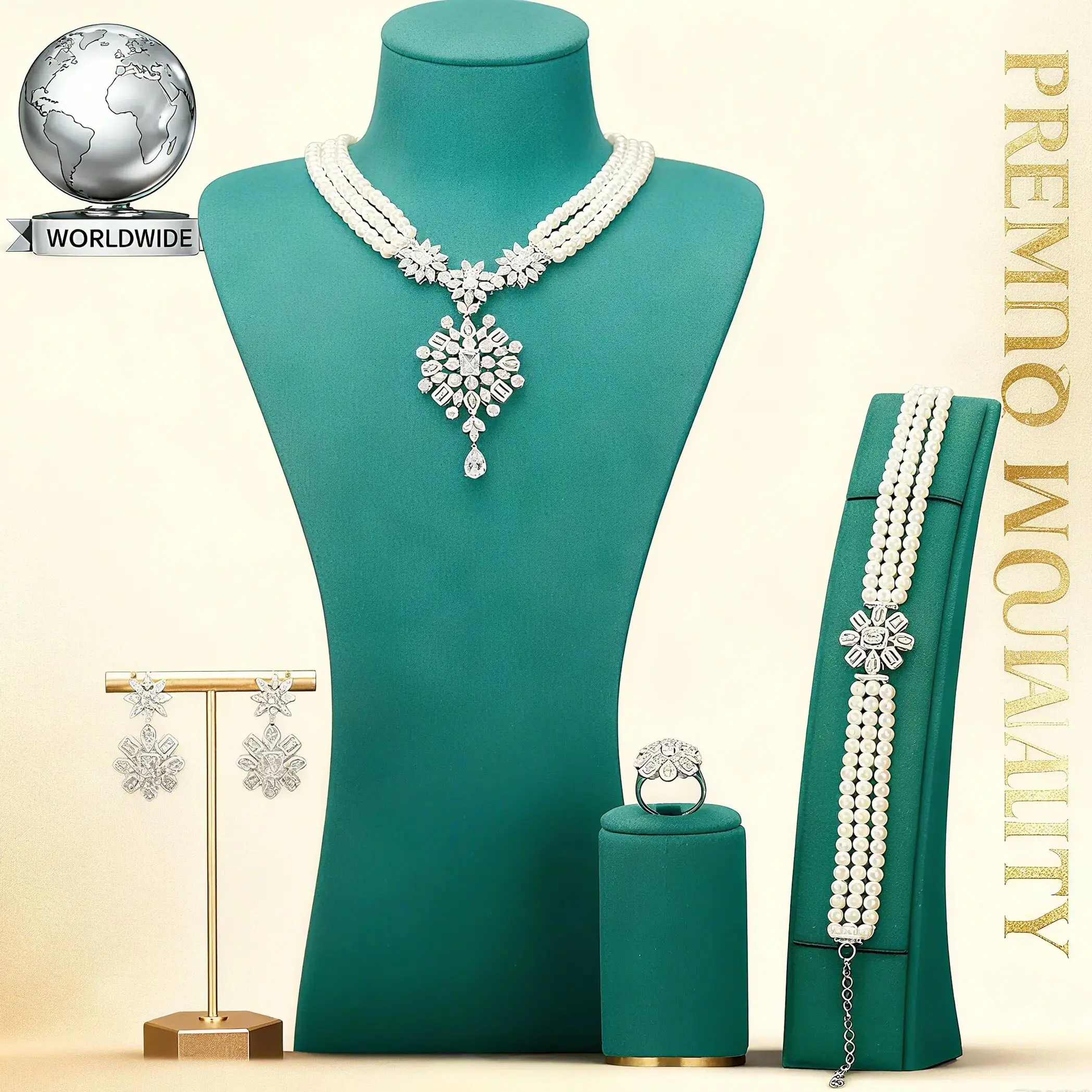 

Gorgeous 3 Layered Imitation Pearl Choker with Planet Pendant Necklaces Bracelet Zircon 4PCS Jewelry Set for Women Wedding