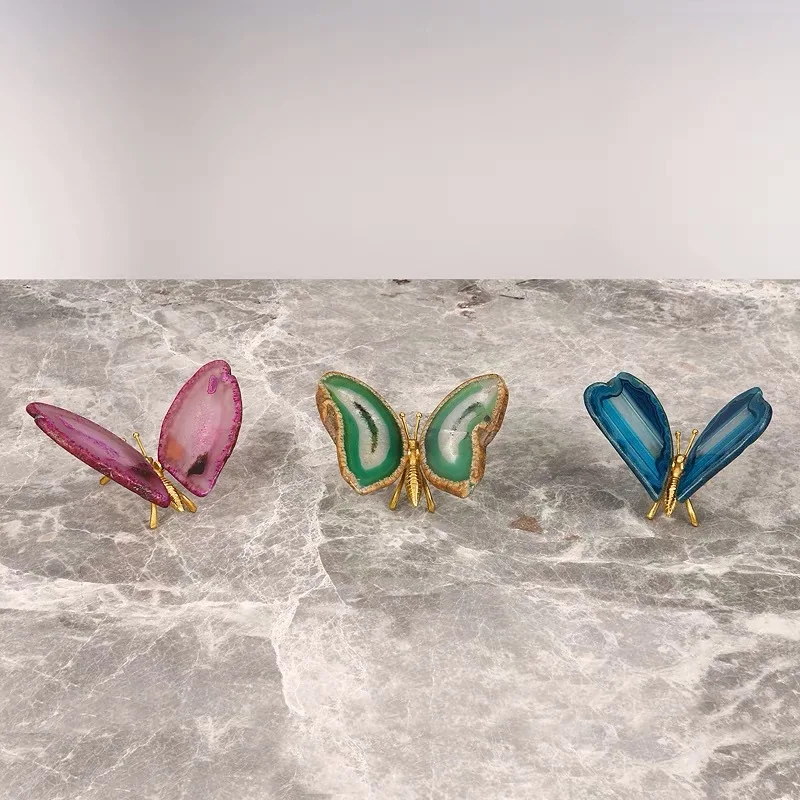 Colored Agate Butterfly Ornament Natural Agate Chips Brass Simulation Insects Butterfly Statue Metal Figurine Home Decoration