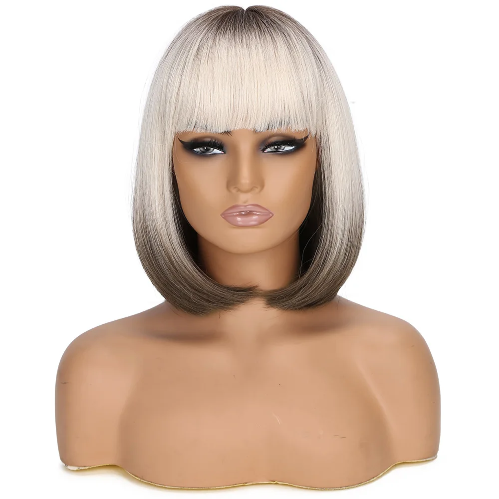 

Heat Resistant Synthetic Wig, Ombre Platinum Blonde Wigs for Women, Shoulder-Length, Gray Layered Wigs with Bangs