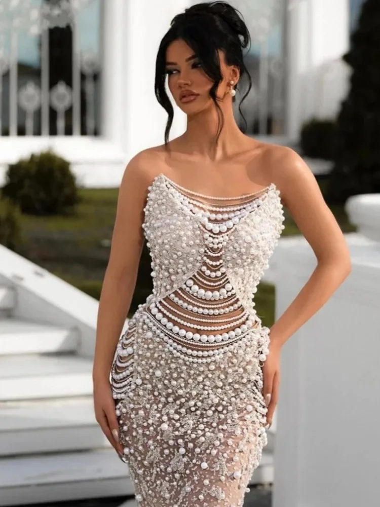 Women Luxury Sexy Strapless Backless Pearl Sequins Maxi Long Beige Gowns Dress 2024 Elegant Evening Party Club Dress Vestido