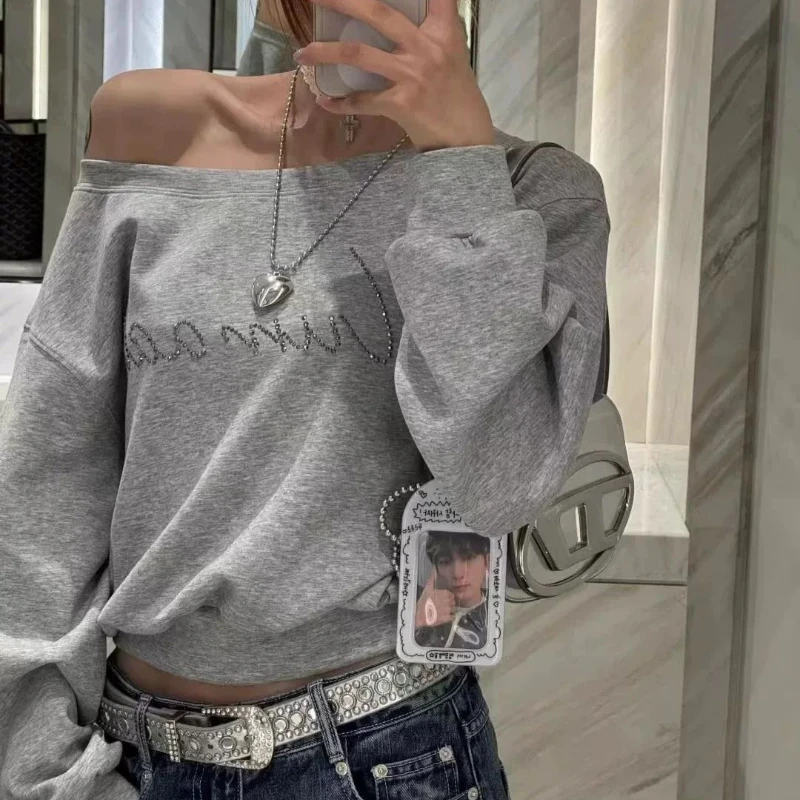 

American Hot Girl Gray Off-shoulder Sweatshirt Women Lazy Style Loose Short Long-sleeved One-shoulder Top