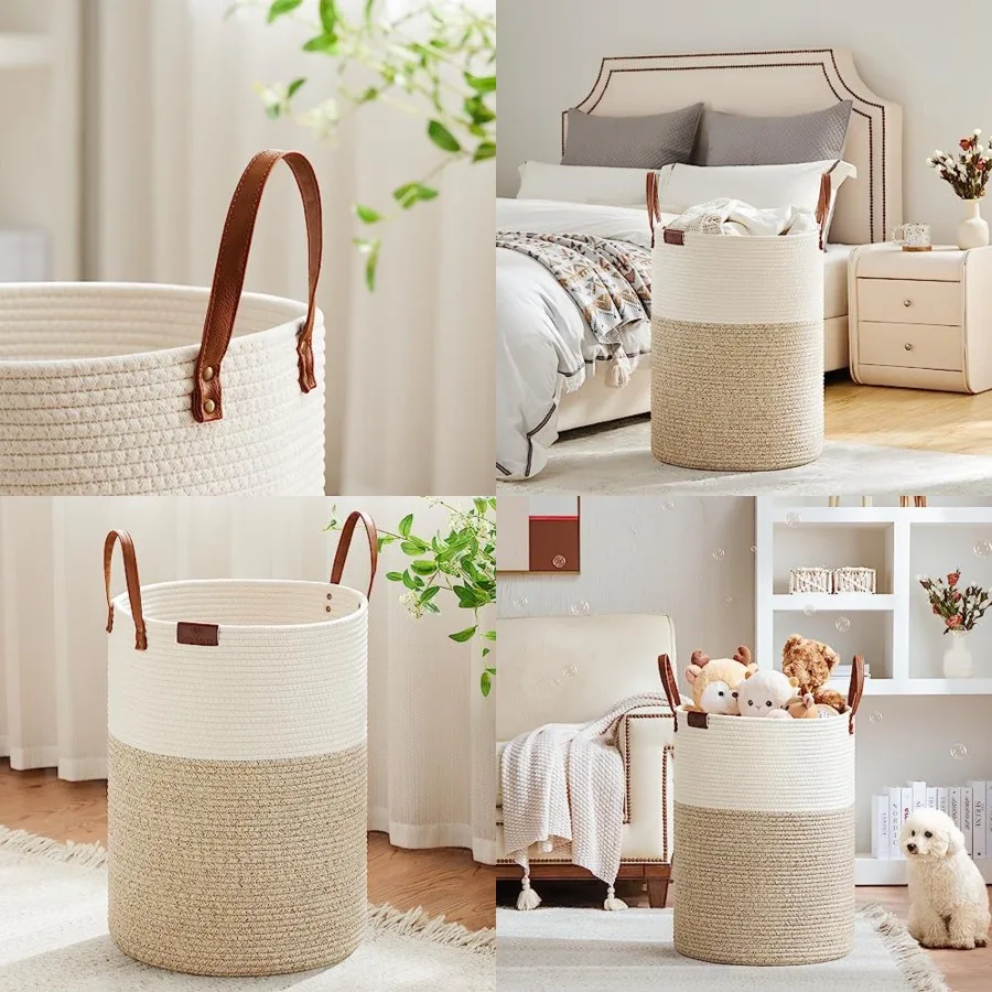 

Tall Laundry Basket, Large Dirty Clothes Hamper with Leather Handle, Woven Rope Storage Basket for Blanket, Toy In Living Room,
