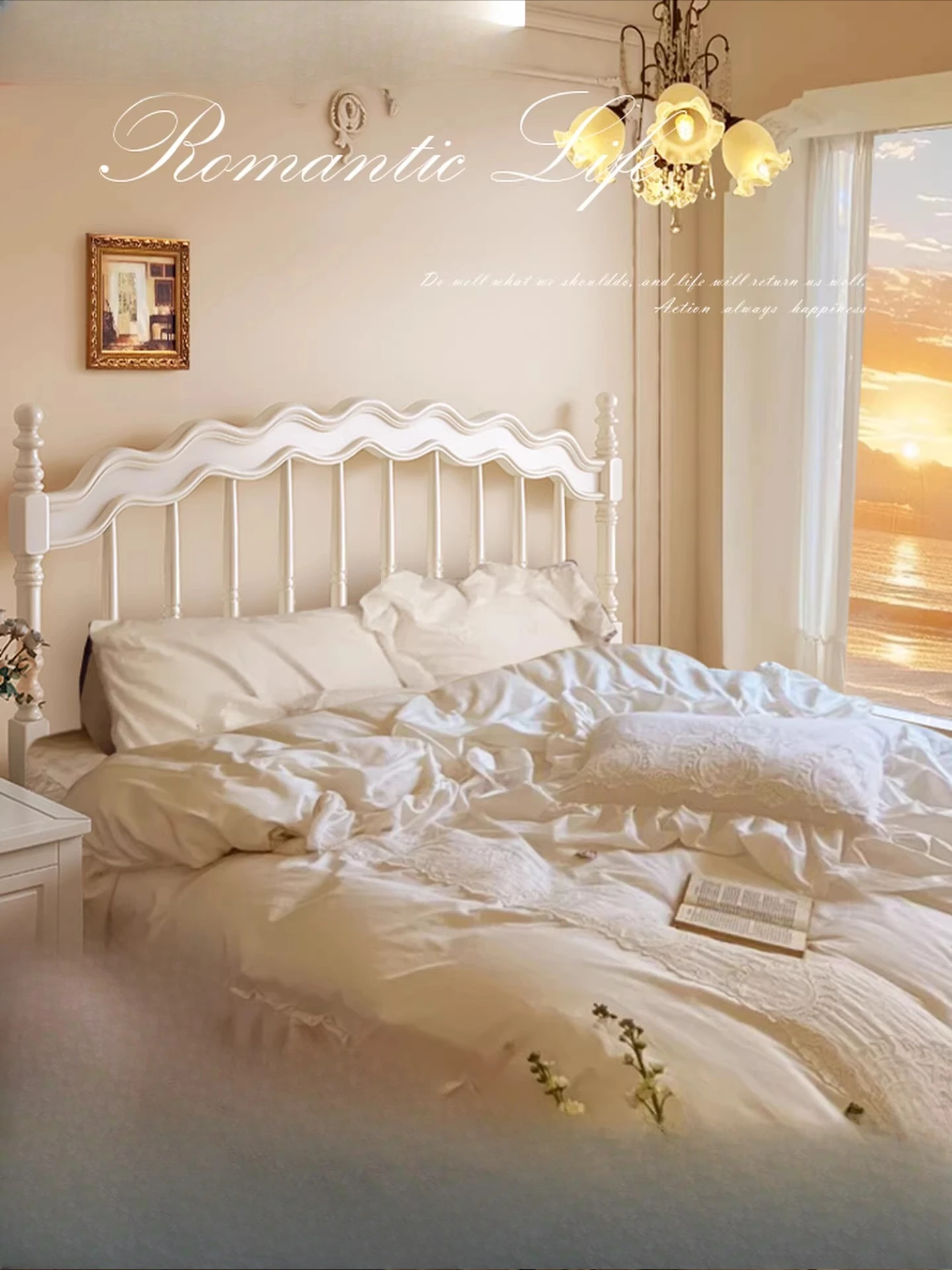 

Customizable French Solid Wood Bed White Windsor Bed Cream Style American Princess Bed Small Unit