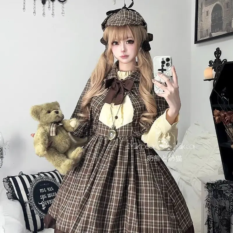 ชุดคอสเพลย์นักสืบฮาโลวีน ชุดมินิเดรสปาร์ตี้สไตล์พังก์ Y2k ชุดสไตล์พรีปปี้ ชุดโลลิต้ากอธิค ชุดเดรสลายสก็อตพร้อมเสื้อคลุมสำหรับผู้หญิง