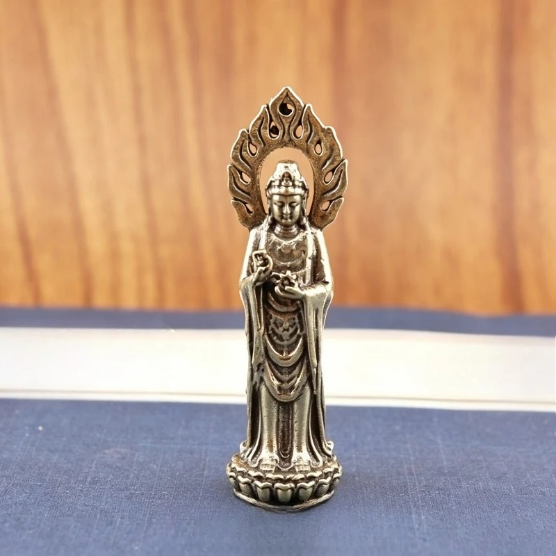 Vintage Mini Brass Guanyin Bodhisattva Statue, Standing Avalokitesvara Figurine with Halo on Lotus Base, Ornament Tea Pet Gift