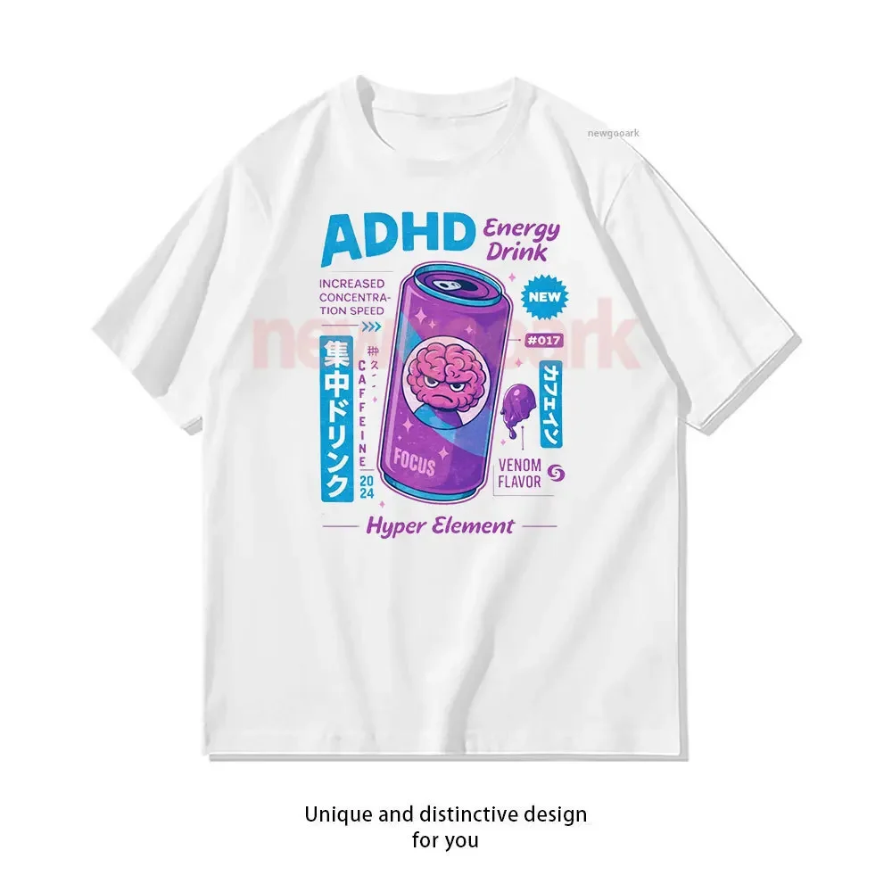 ADHD Energy Drink Hyper Focus Cartoon Illustration Active T-Shirt Woman Man Casual Cotton Graphic T Shirts Creative Streetwear