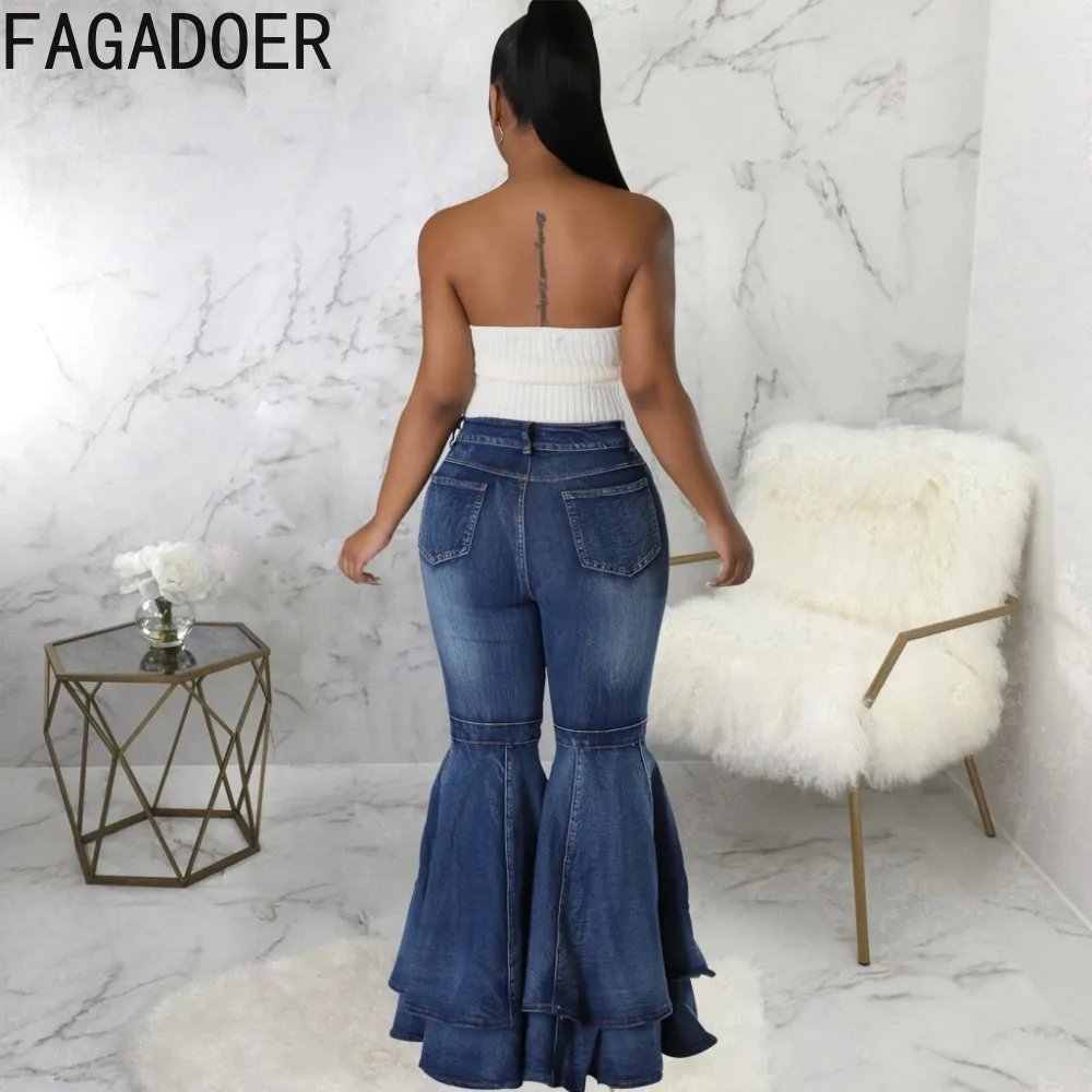 FAGADOER Fashion Washed Denim Pleated Flare Pants Women High Waisted Button Loose Wide Leg Jeans Trousers Female Cowboy Bottoms
