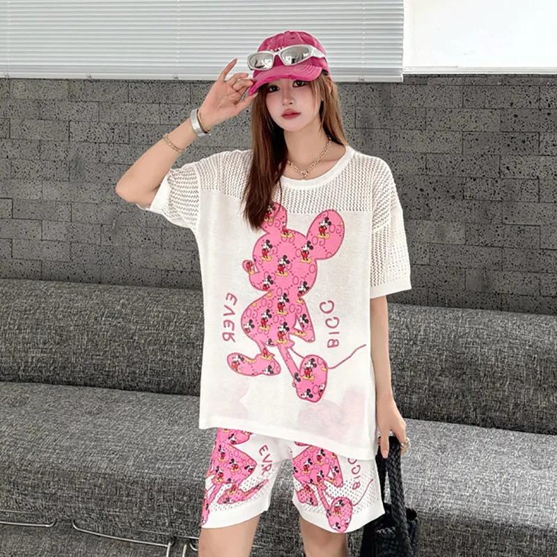 

2025 New Summer Women's Cartoon Rhinestone Mickey Two-Piece Set Trendy Printed Loose Top Casual Age-Reducing Matching Outfits