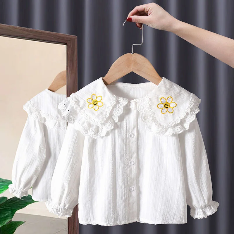 Spring Autumn New Girls Shirts Lace Princess Blouses Kids Long Sleeve Shirts Fashion Children\'s Clothing Baby Bottoming Shirts