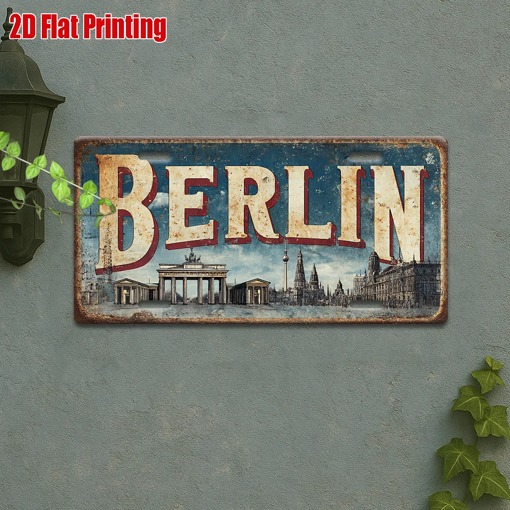 2D Flat, 1pc Berlin Germany City Sign - Retro Vintage Metal Wall Art, Aluminum Berlin Sign Suitable for Historic Landmarks, Trav