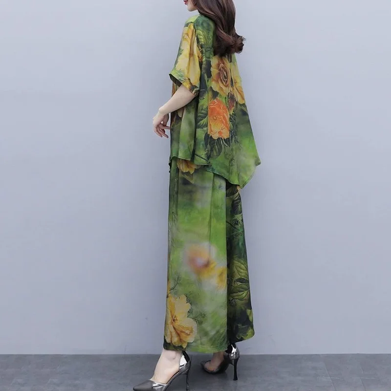 2022 New Spring Summer Two-Piece Women\'s Fashion Print Suit  Female Loose Wide-Leg Pants Lady Casual Retro Tops