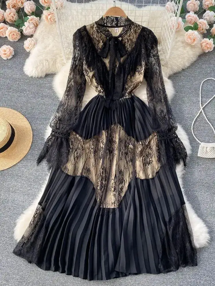 

Women Clothing Bow Collar Long Flare Sleeve Elegant Pleated Dress Autumn Fashion Hollow Out Stitching Black Lace Party Vestidos