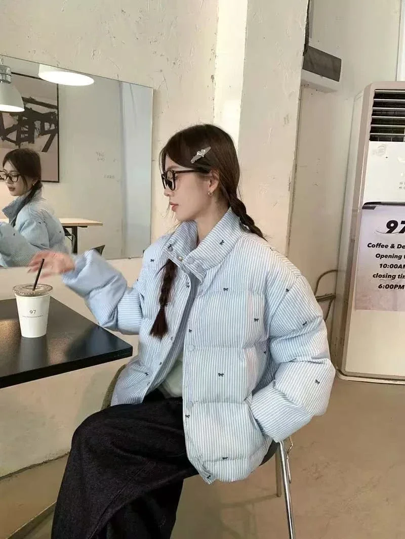 Y2K اليابانية معطف الحلو المرأة طويلة الأكمام مخطط فراشة الديكور سترة دافئة غير رسمية موضة الخريف الشتاء أبلى