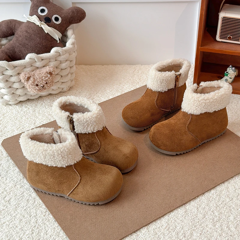 

2025 зимние ботильоны для девочек, классические уличные детские модные зимние короткие ботинки, простые повседневные детские хлопковые ботинки, нескользящие ретро-сапоги