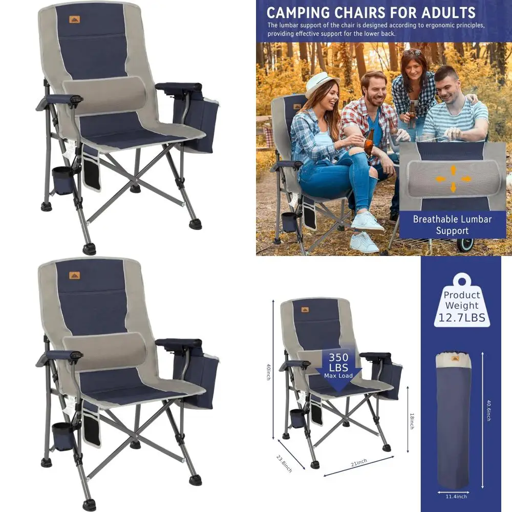 

Camping Chairs for Adults, Support 350 LBS Folding Chairs for Outside, Lawn Chairs Heavy Duty with Cooler Bag & Cup Holder (Blue