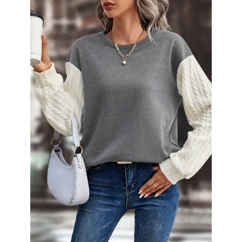 Spring and Autumn Women's Pullover Round Neck Solid Color Patch Screw Thread Long Sleeve Sports Sweater Tee T-shirt Fashion Tops