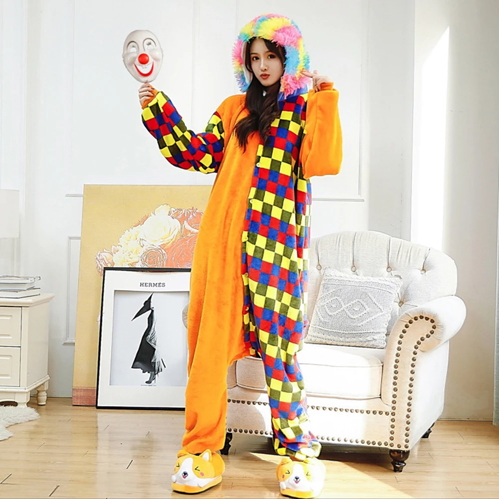 

Colorful Lattice Spoof Clown Cartoon Onesies Lady One-Piece Pajamas Jumpsuit Sleepwear Nightgown Warm Flannel Home Pajama