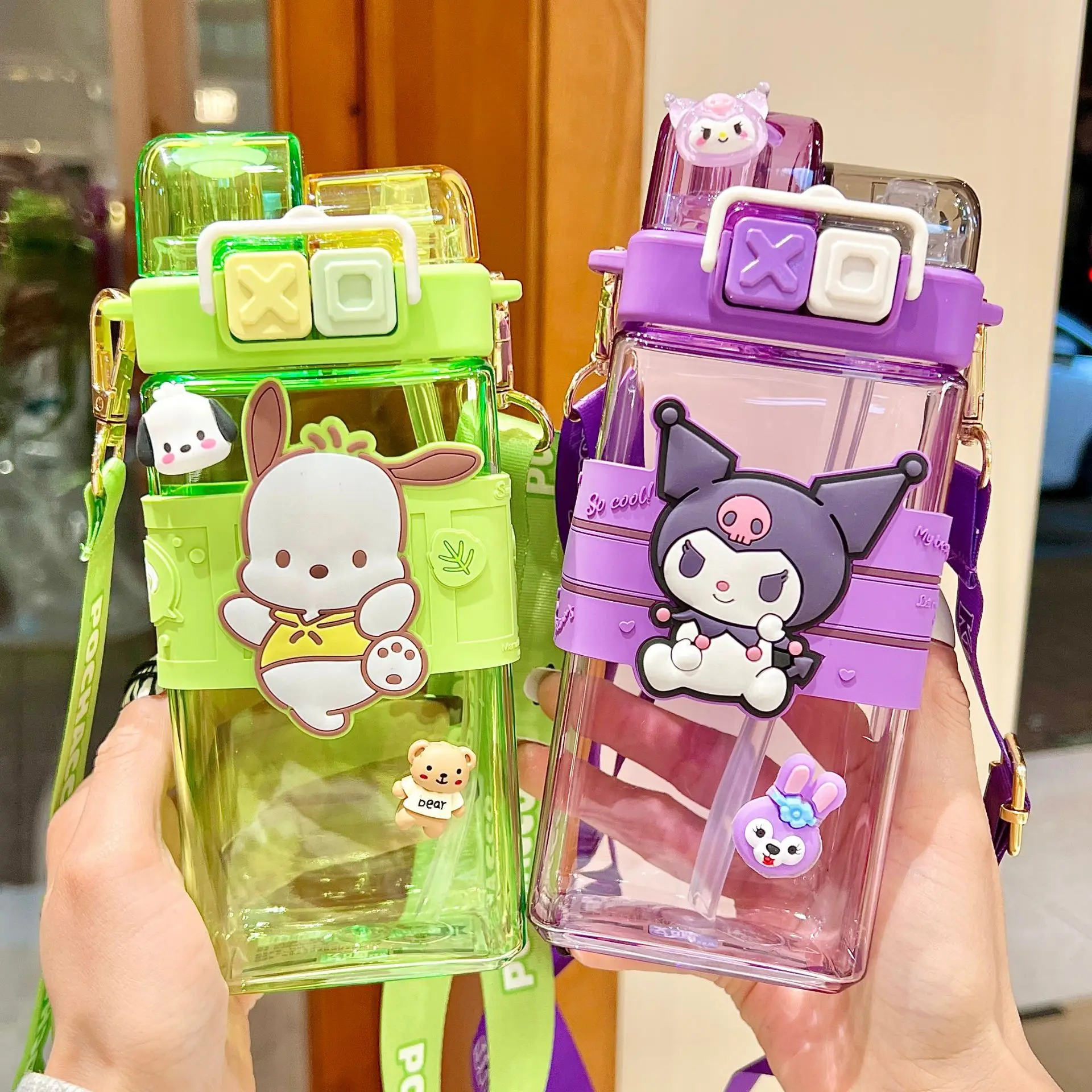 520Ml Sanrio Melodie Onpompurin Kuromi Cinnamoroll Plastic Fles Dubbele Drinkbeker Studenten Cartoon Grote Capaciteit Waterfles