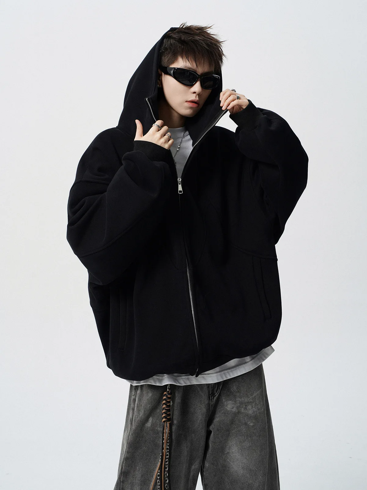 American Deconstruction Hooded Jacket Men's Winter Splicing Sweater High Street Velvet Couple Hoodie