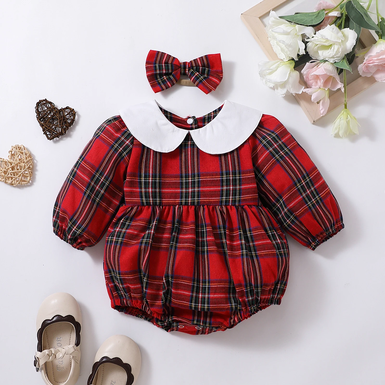 Autumn & Winter Newborn Baby Girl Children Clothes Red Plaid Lapel Long Sleeved Romper Jumpsuit