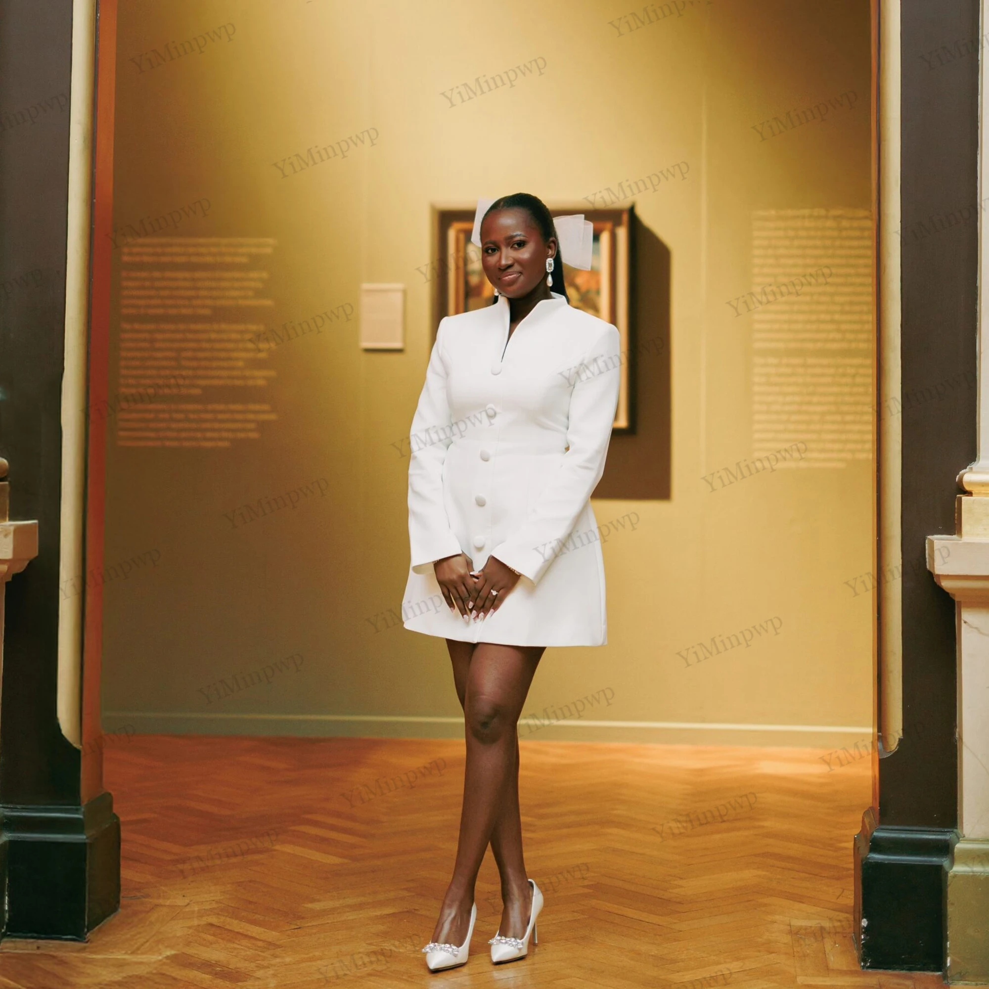 

Civil Wedding Reception Dress Satin A-Line Long Sleeve Ivory Short Weddings Dresses Bridal Simple Engagement Dress Customized