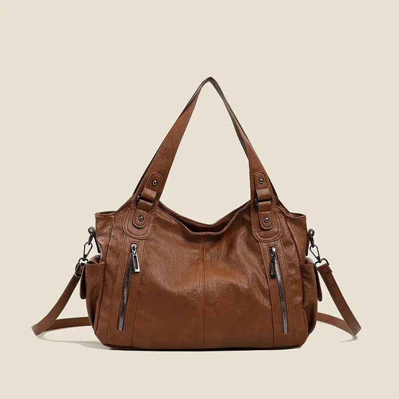 Coffee Brown Black Soft PU Leather Large Capacity Boston Shoulder Bag Women Casual Tote Handbag Large Capacity Crossbody Purse