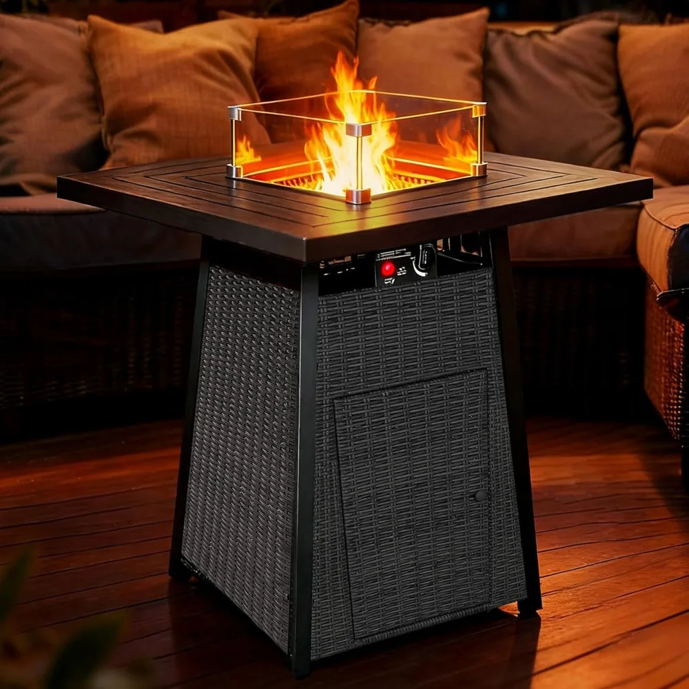 

38-inch Outdoor Propane Fire Pit Table with 50,000 BTU Gas, Premium Metal Top, Wicker Design, Rain Cover, and Glass