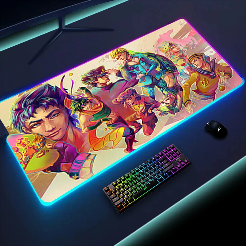 

RGB Mousepad JOJO Bizarre Adventure Large Cartoon Keyboard Desk Mat Gaming Locking Edge Anime Rubber Led Backlight MousePad XXL