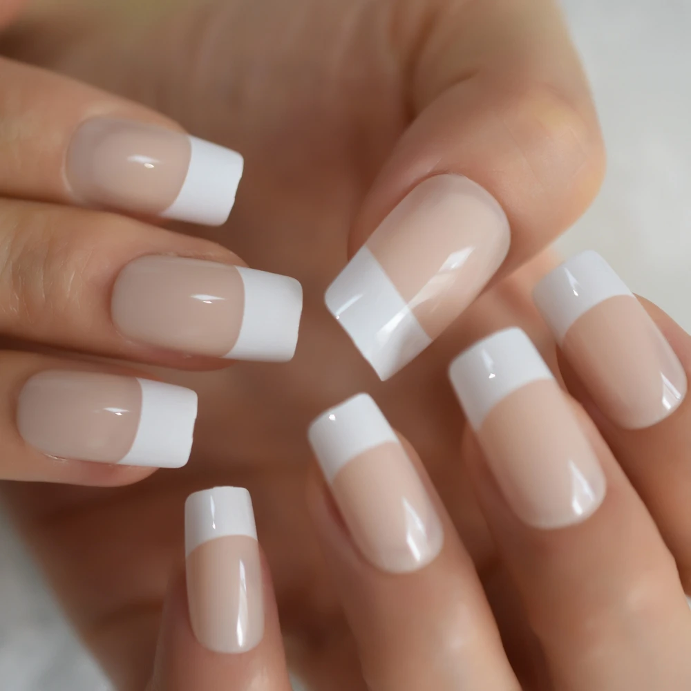 White French Natural Nude False Nails Manicure Square Press on Fake Nails Tips Daily Office Finger Wear with Jelly Sticker Tabs