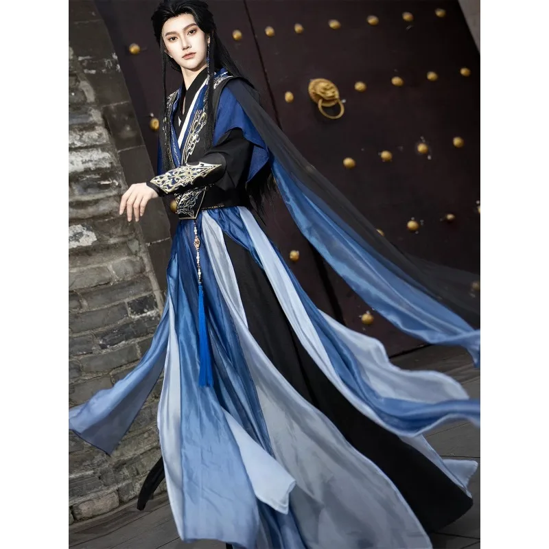 Hanfu Wei Jinfeng men and women have the same heavy industry embroidery collar blue and black suit, juvenile sense,