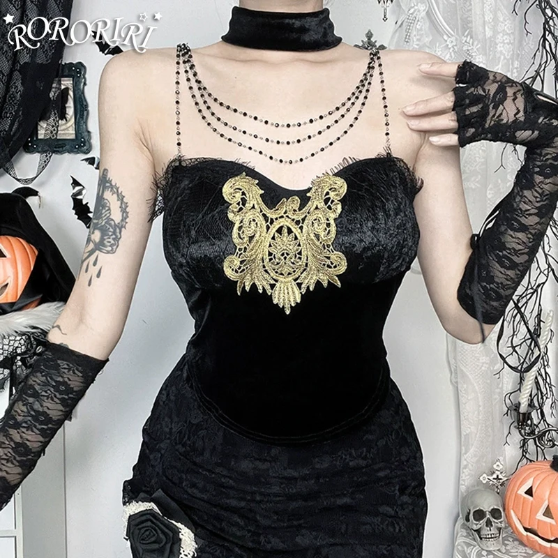 

RORORIRI вышитая цепочка-бретелька с колье женский кружевной корсет с вышивкой топ с открытой спиной без рукавов слинг-жилет сексуальная готическая одежда
