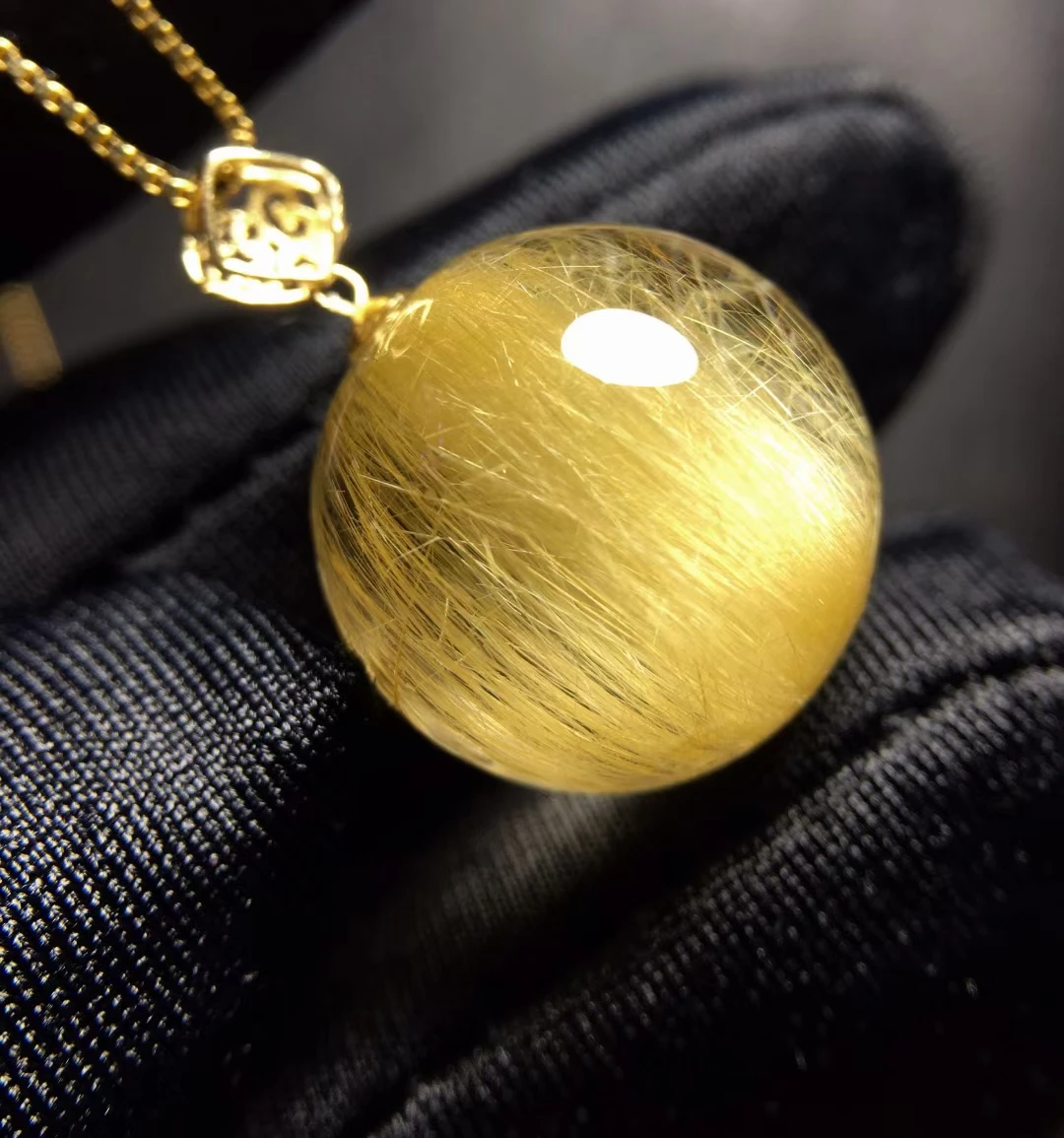 Natural Gold Rutilated Quartz Pendant 18K Gold Rutilated Quartz Jewelry 15.8mm Round Sphere Men Women Brazil AAAAAAA