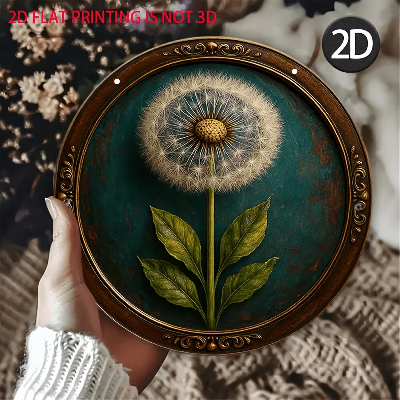 2D Flat, 1pc Vintage Round Wooden Dandelion Wall Decor - Teal Green & Golden Frame Suitable for Indoor/Outdoor, Wood Suitable fo