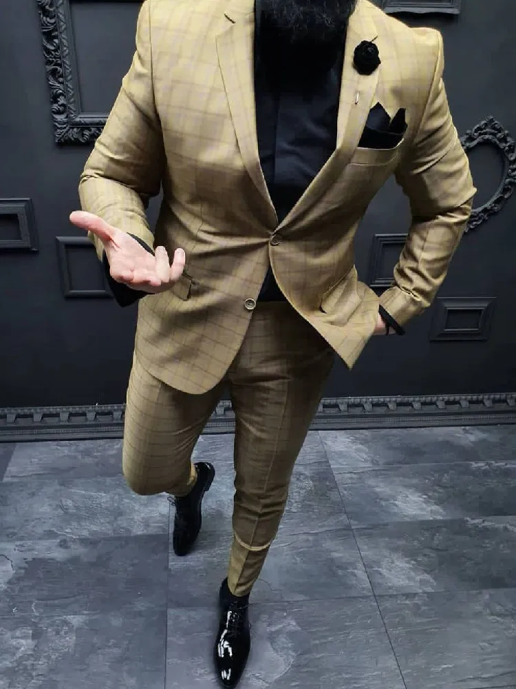 

Brown Plaid Stripes Men' s Suit 2 Pieces Blazer Pants Single Breasted Peaked Lapel Fashion Slim Business Modern Wedding Groom