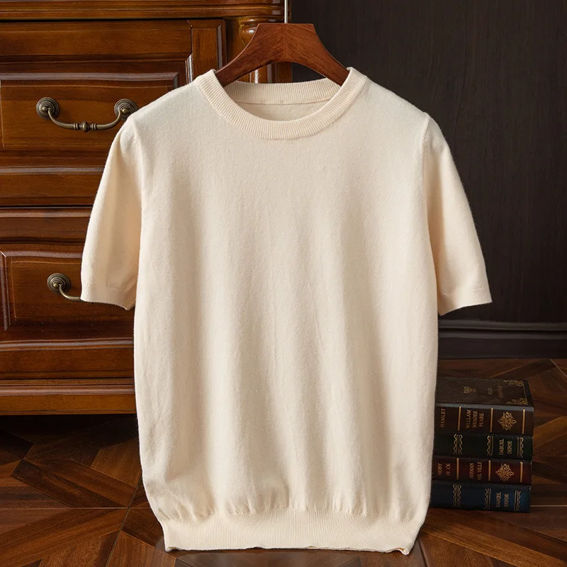 Superfine Wool T Shirt Men\'s Knitted O-neck Breathable Cashmer Short Sleeve Tee Solid Color Tops