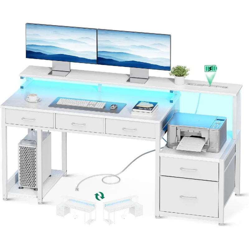 

55 Inch Computer Desk with 3 Drawers and File Cabinet for Storage, Office Desk with Monitor Stand and LED Lights,