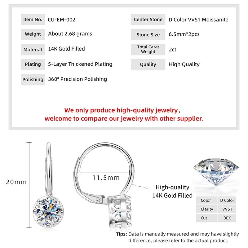 Lnngy Funkelnde GRA-zertifizierte Moissanit-Diamant-Ohrringe für Damen, 14 Karat Gold gefüllt, 6,5 mm, Einzelstein-Creolen-Ohrring-Schmuck – Detail 7