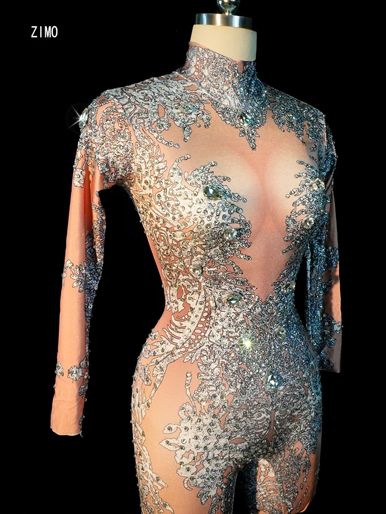 

Sparkly Rhinestone Long Sleeve Backless One Piece Outfits Clubwear Sexy Bodycon Jumpsuits Singer Show Rave Festival Leotards