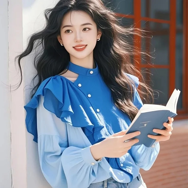Haut en mousseline de soie pour femmes, simple boutonnage, oreilles, bord champignon, haut français, rue, automne, chemise ample d'épissure, nouvelle collection printemps