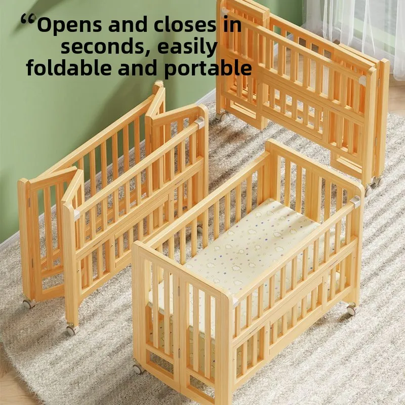 سرير أطفال من الخشب الصلب غير مطلي قابل للطي سرير كبير مهد أطفال متنقل متعدد الوظائف سرير أطفال حديثي الولادة