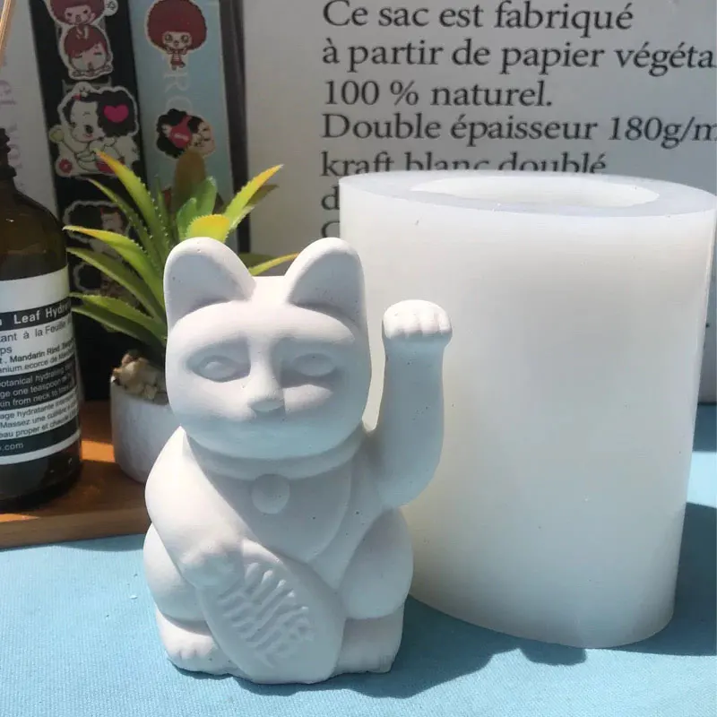 Molde de silicona de yeso de gato de la fortuna, adornos de decoración del hogar DIY, vela de resina de gato de la suerte, molde de cemento para decoración del hogar, regalos