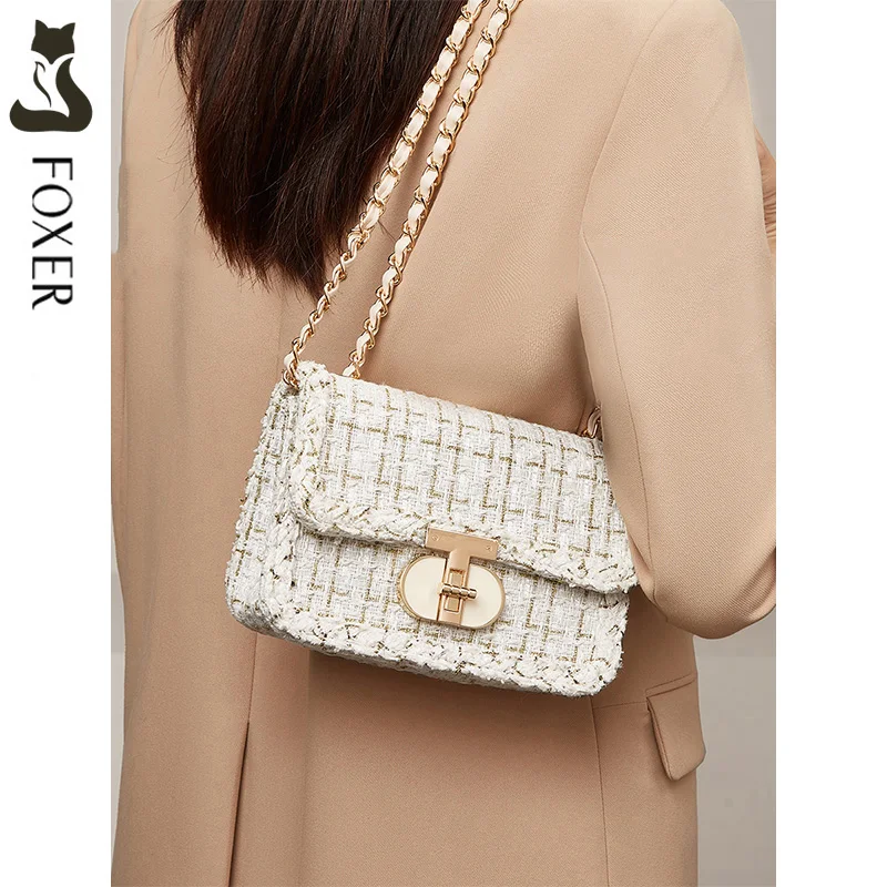 FOXER Brand 2026 Women's Shoulder Bag Fashion Fabric Female Crossbody Chain Bag Commuting Flip Square Purse