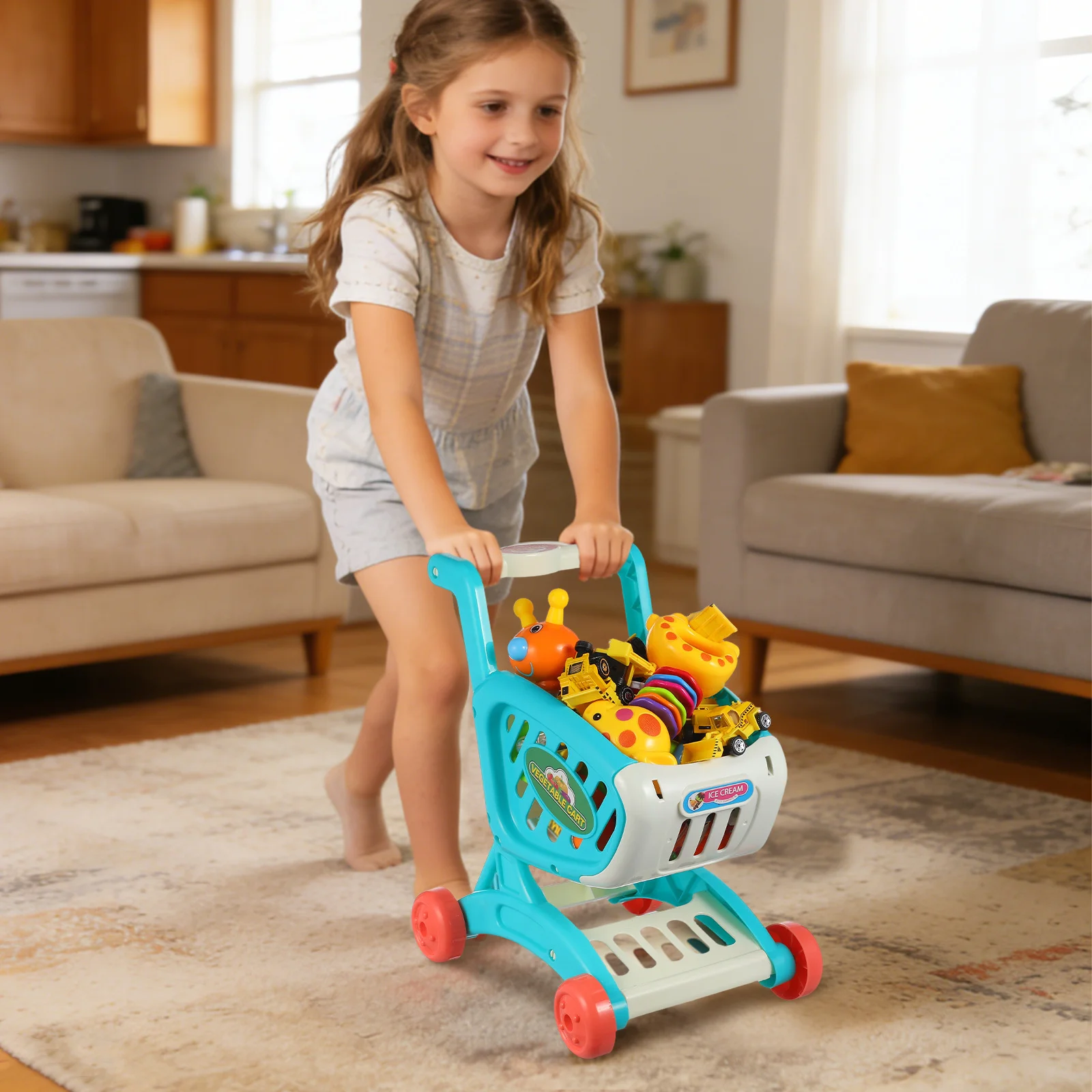 Carrello della spesa di simulazione per bambini Giocattolo con portaoggetti Carrello per giochi di ruolo Carrello per alimenti per bambini Accessori per giochi in plastica rosa per bambini