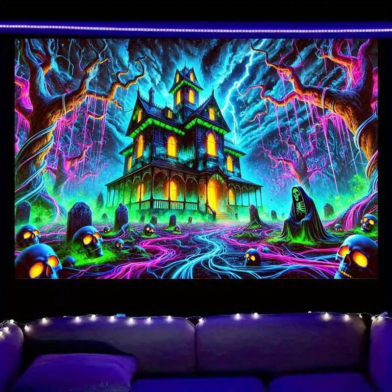 VIKAMA Halloween Dark Night Castle Wandteppich Blitz Friedhof Gothic Architektur Schlafzimmer Escape Room Dunkle Stil Dekorationen