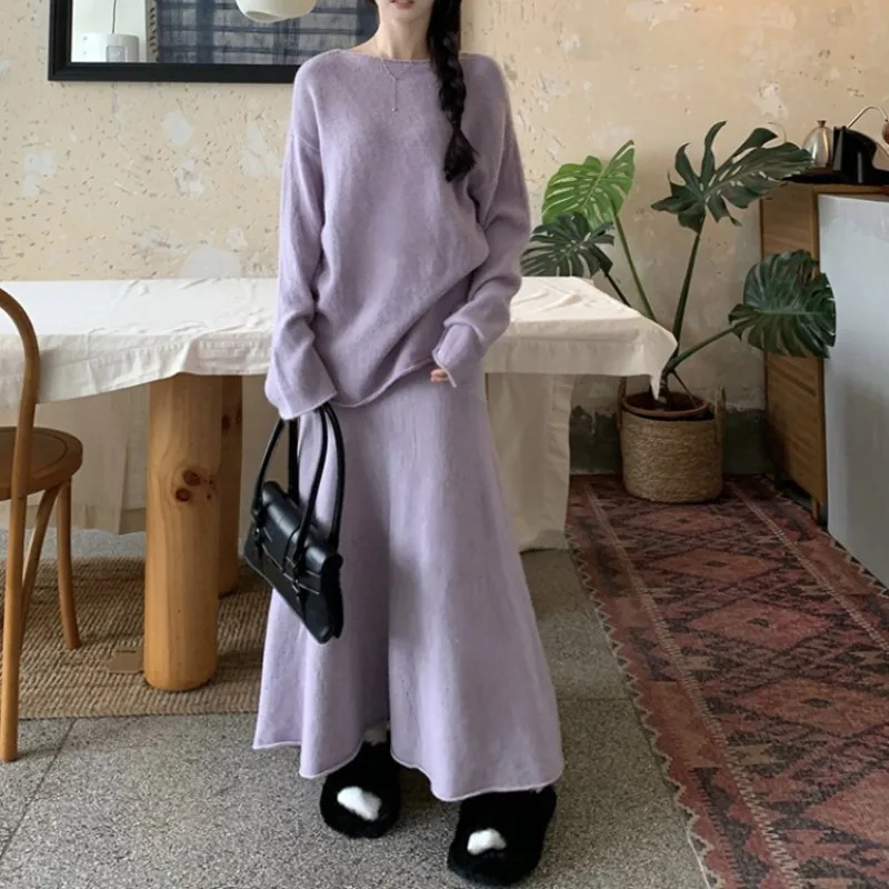 Autumn Winter Y2K Knitted Skirt Two Piece Set Korean Elegant Loose Sweater Tops and High Waist A-line Long Skirts Suit for Women