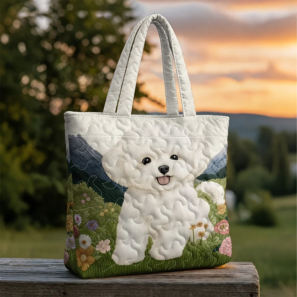 Cute Dog Print Quilted Tote Bag, Floral Lightweight Large Capacity Handbag for Travel and Shopping