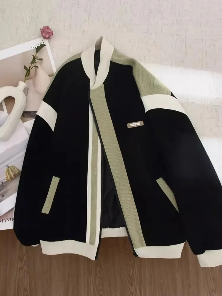 

Мужская флисовая толстовка-бомбер в стиле ретро из Гонконга, большие размеры, 300 Pou, новая коллекция осень-зима 2024, с пэчворком, для пар.